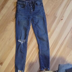 American Eagle Outfitters Women's Dark Blue Ripped Skinny Jeans